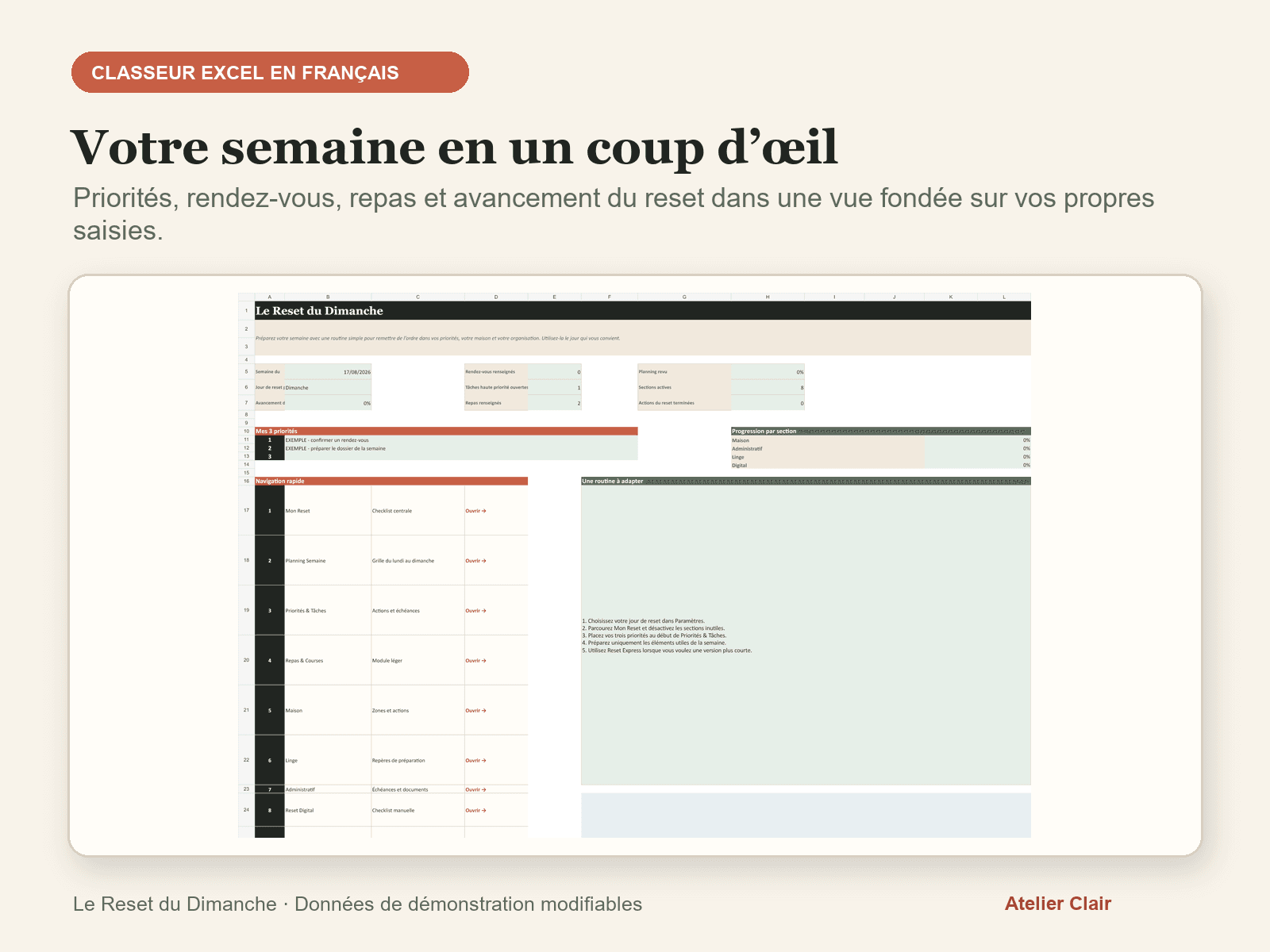 Tableau de bord Excel Le Reset du Dimanche avec semaine, trois priorités et avancement des sections du reset.