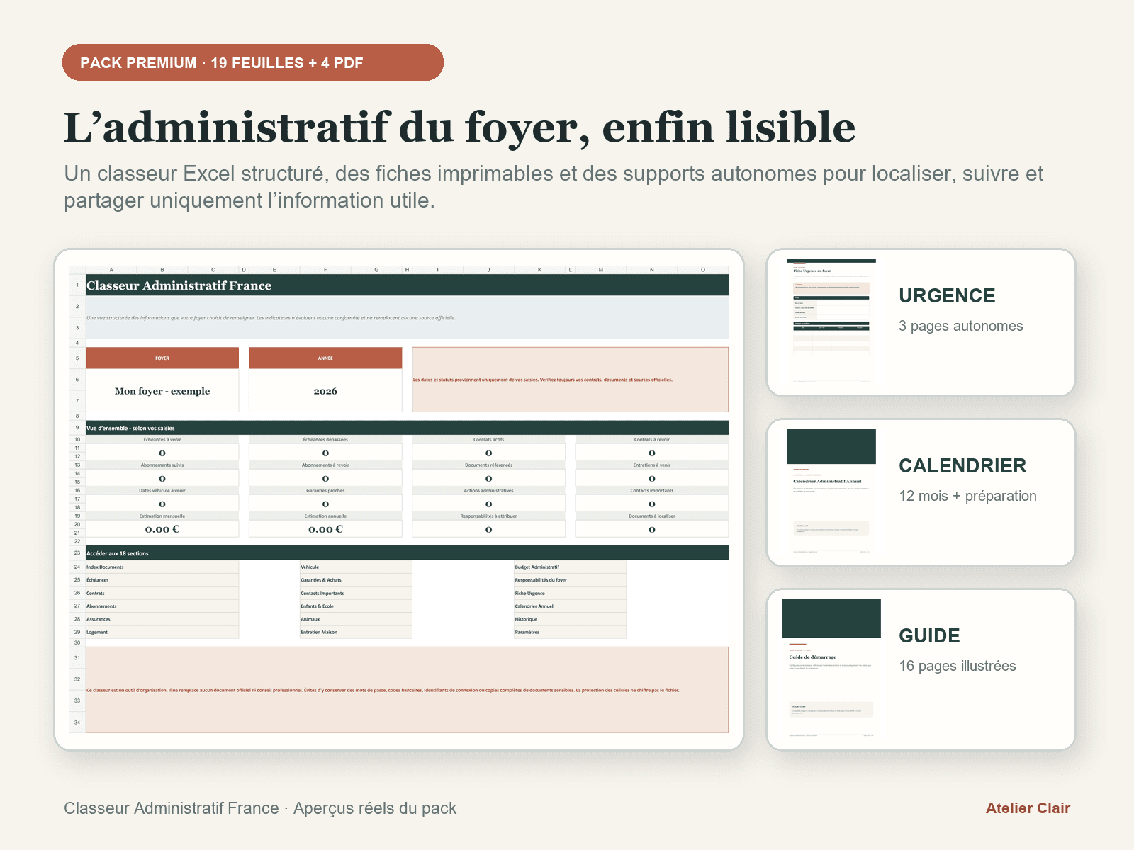 Vue du Classeur Administratif France avec tableau de bord Excel, fiche d’urgence, calendrier annuel et guide illustré.